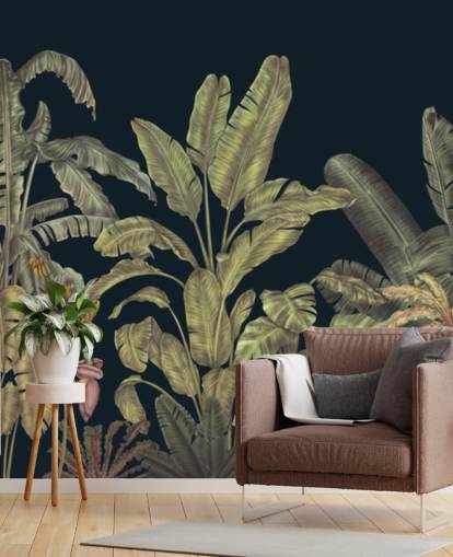 Karina Eibatovan tummanvihreä muokattava viidakon lehtien seinämaalaus nimeltä Jungle Canopy Dark Green