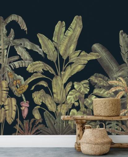 mørkegrøn tilpasselig jungleblade vægmaleri kaldet Jungle Canopy Dark Green af Karina Eibatova mørkegrøn tilpasselig jungleblade vægmaleri kaldet Jungle Canopy Dark Green af Karina Eibatova