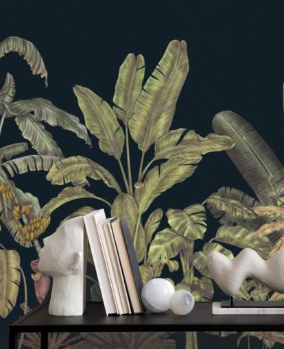 murale personalizzabile con foglie della giungla verde scuro chiamato Jungle Canopy Dark Green di Karina Eibatova