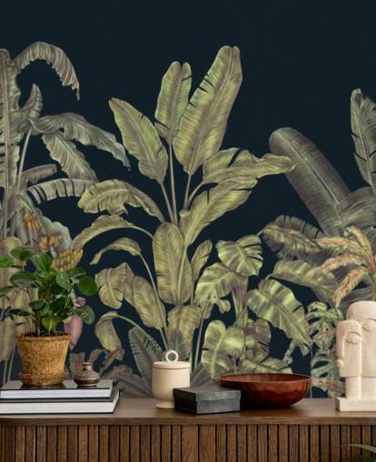 mural de pared de hojas de jungla personalizable de color verde oscuro llamado Jungle Canopy Dark Green de Karina Eibatova