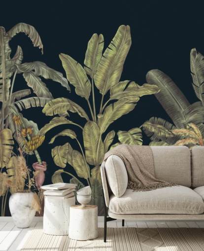 mörkgrön anpassningsbar djungelblad väggmålning som heter Jungle Canopy Dark Green av Karina Eibatova