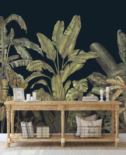 fresque murale de feuilles de jungle personnalisable vert foncé appelée Jungle Canopy Dark Green par Karina Eibatova