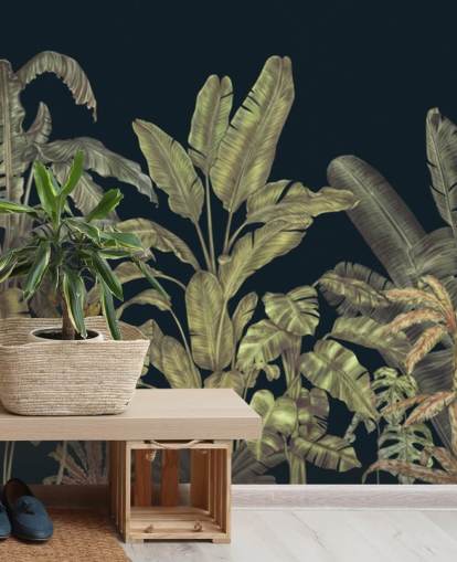 dark green customisable jungle leaves wall mural called Jungle Canopy Dark Green by Karina Eibatova dark green customisable jungle leaves wall mural called Jungle Canopy Dark Green by Karina Eibatova