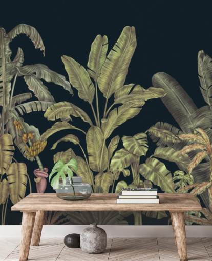 donkergroene aanpasbare muurschildering van junglebladeren genaamd Jungle Canopy Dark Green van Karina Eibatova donkergroene aanpasbare muurschildering van junglebladeren genaamd Jungle Canopy Dark Green van Karina Eibatova