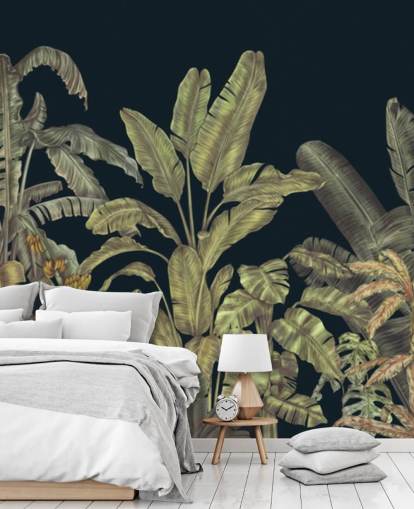 donkergroene aanpasbare muurschildering van junglebladeren genaamd Jungle Canopy Dark Green van Karina Eibatova