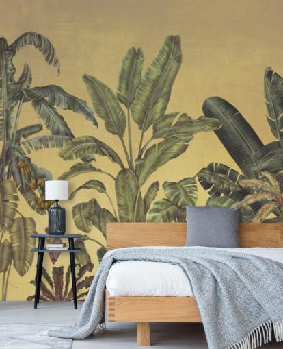 mural de pared de hojas de jungla personalizable verde y dorado llamado Jungle Canopy Gold de Karina Eibatova mural de pared de hojas de jungla personalizable verde y dorado llamado Jungle Canopy Gold de Karina Eibatova