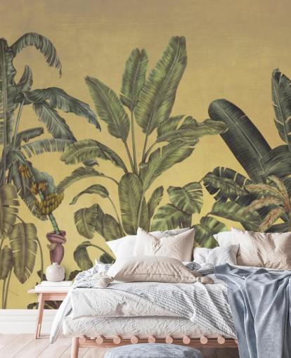 green and gold customizable jungle leaves wall mural called Jungle Canopy Gold by Karina Eibatova green and gold customizable jungle leaves wall mural called Jungle Canopy Gold by Karina Eibatova