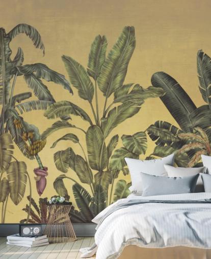 mural de pared de hojas de jungla personalizable verde y dorado llamado Jungle Canopy Gold de Karina Eibatova mural de pared de hojas de jungla personalizable verde y dorado llamado Jungle Canopy Gold de Karina Eibatova