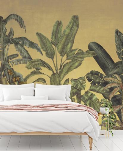 mural de pared de hojas de jungla personalizable verde y dorado llamado Jungle Canopy Gold de Karina Eibatova