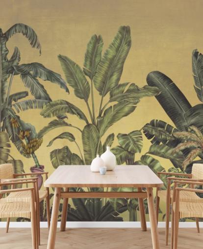 mural de pared de hojas de jungla personalizable verde y dorado llamado Jungle Canopy Gold de Karina Eibatova mural de pared de hojas de jungla personalizable verde y dorado llamado Jungle Canopy Gold de Karina Eibatova