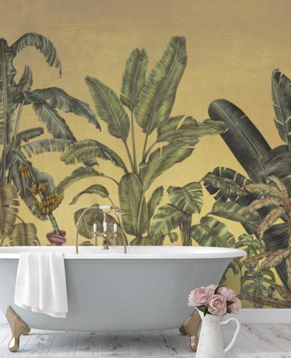 Personalisierbares Wandbild mit Dschungelblättern in Grün und Gold namens Jungle Canopy Gold von Karina Eibatova