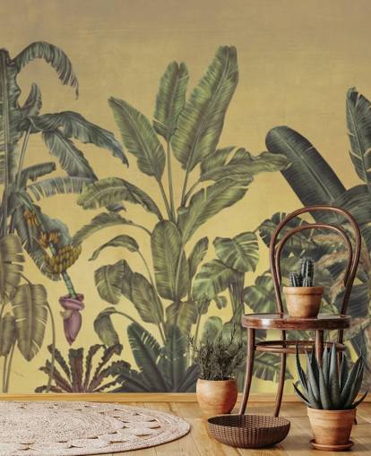green and gold customisable jungle leaves wall mural called Jungle Canopy Gold by Karina Eibatova