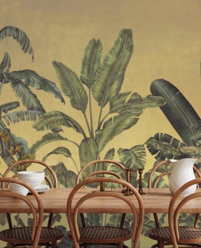 green and gold customisable jungle leaves wall mural called Jungle Canopy Gold by Karina Eibatova