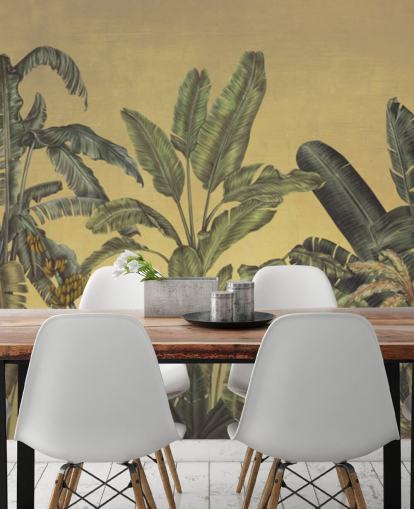 Personalisierbares Wandbild mit Dschungelblättern in Grün und Gold namens Jungle Canopy Gold von Karina Eibatova