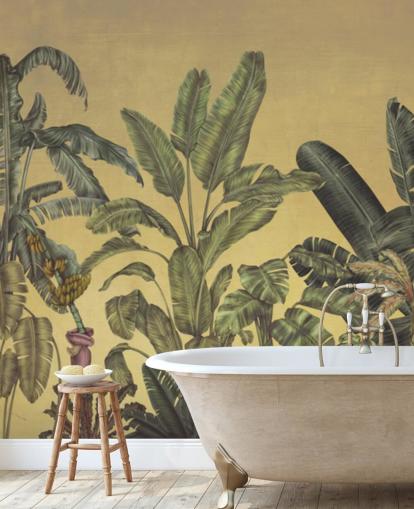 mural de parede de folhas de selva personalizáveis em verde e dourado chamado Jungle Canopy Gold de Karina Eibatova
