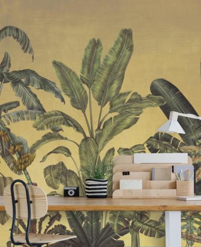 murale personalizzabile con foglie della giungla verde e oro chiamato Jungle Canopy Gold di Karina Eibatova