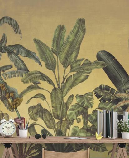 mural de pared de hojas de jungla personalizable verde y dorado llamado Jungle Canopy Gold de Karina Eibatova