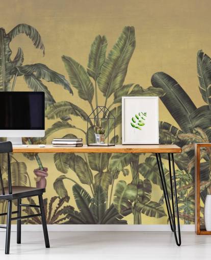 Personalisierbares Wandbild mit Dschungelblättern in Grün und Gold namens Jungle Canopy Gold von Karina Eibatova Personalisierbares Wandbild mit Dschungelblättern in Grün und Gold namens Jungle Canopy Gold von Karina Eibatova