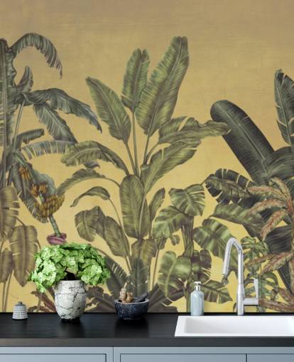 green and gold customisable jungle leaves wall mural called Jungle Canopy Gold by Karina Eibatova green and gold customisable jungle leaves wall mural called Jungle Canopy Gold by Karina Eibatova