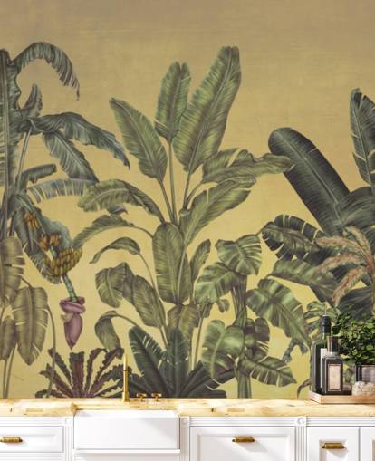 murale personalizzabile con foglie della giungla verde e oro chiamato Jungle Canopy Gold di Karina Eibatova murale personalizzabile con foglie della giungla verde e oro chiamato Jungle Canopy Gold di Karina Eibatova