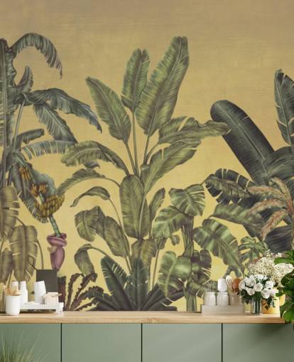 green and gold customizable jungle leaves wall mural called Jungle Canopy Gold by Karina Eibatova