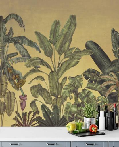 mural de pared de hojas de jungla personalizable verde y dorado llamado Jungle Canopy Gold de Karina Eibatova