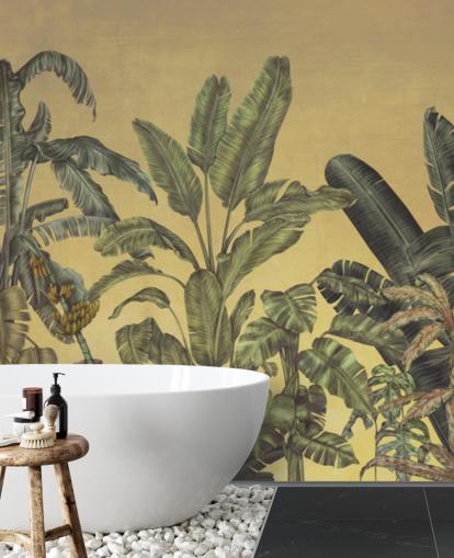 mural de parede de folhas de selva personalizáveis em verde e dourado chamado Jungle Canopy Gold de Karina Eibatova mural de parede de folhas de selva personalizáveis em verde e dourado chamado Jungle Canopy Gold de Karina Eibatova