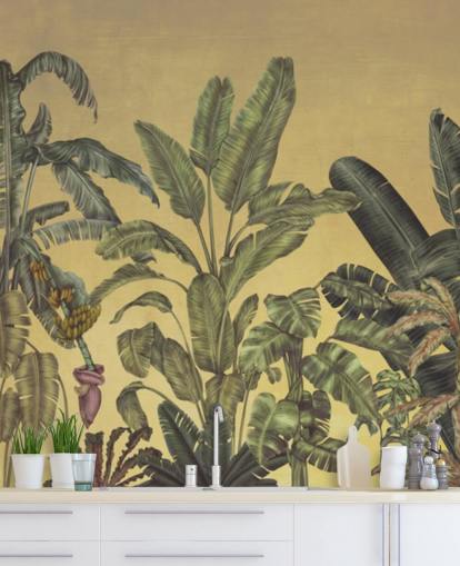 green and gold customisable jungle leaves wall mural called Jungle Canopy Gold by Karina Eibatova