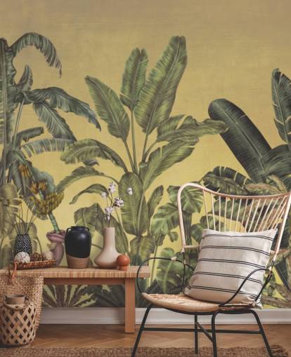 murale personalizzabile con foglie della giungla verde e oro chiamato Jungle Canopy Gold di Karina Eibatova