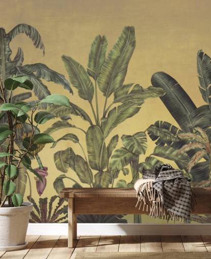 Personalisierbares Wandbild mit Dschungelblättern in Grün und Gold namens Jungle Canopy Gold von Karina Eibatova