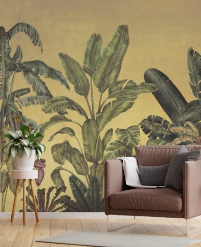 murale personalizzabile con foglie della giungla verde e oro chiamato Jungle Canopy Gold di Karina Eibatova murale personalizzabile con foglie della giungla verde e oro chiamato Jungle Canopy Gold di Karina Eibatova