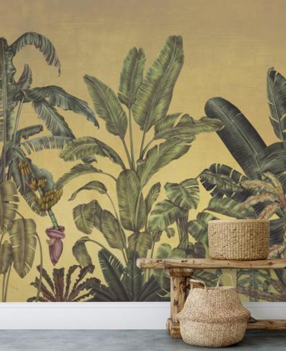 grönt och guld anpassningsbart djungelblad väggmålning som heter Jungle Canopy Gold av Karina Eibatova grönt och guld anpassningsbart djungelblad väggmålning som heter Jungle Canopy Gold av Karina Eibatova
