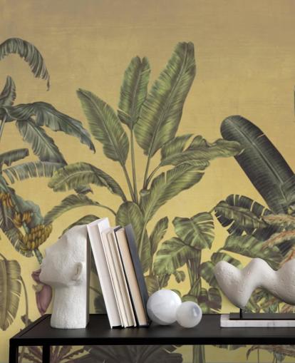 fresque murale personnalisable verte et dorée de feuilles de jungle appelée Jungle Canopy Gold par Karina Eibatova