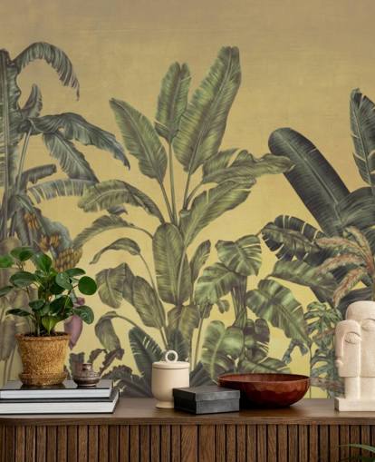 mural de parede de folhas de selva personalizáveis em verde e dourado chamado Jungle Canopy Gold de Karina Eibatova mural de parede de folhas de selva personalizáveis em verde e dourado chamado Jungle Canopy Gold de Karina Eibatova