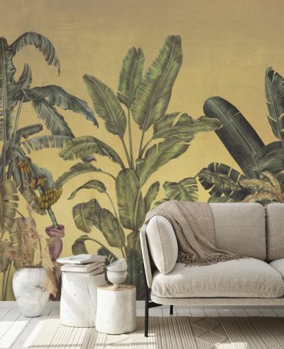 groene en gouden aanpasbare junglebladeren muurschildering genaamd Jungle Canopy Gold van Karina Eibatova