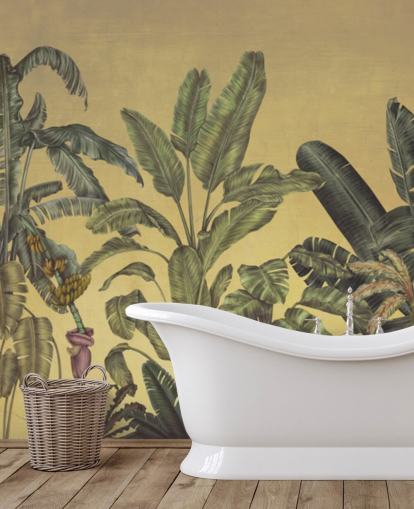green and gold customisable jungle leaves wall mural called Jungle Canopy Gold by Karina Eibatova