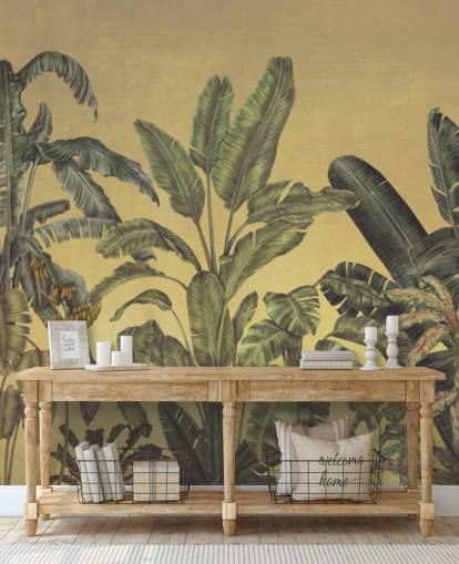 murale personalizzabile con foglie della giungla verde e oro chiamato Jungle Canopy Gold di Karina Eibatova