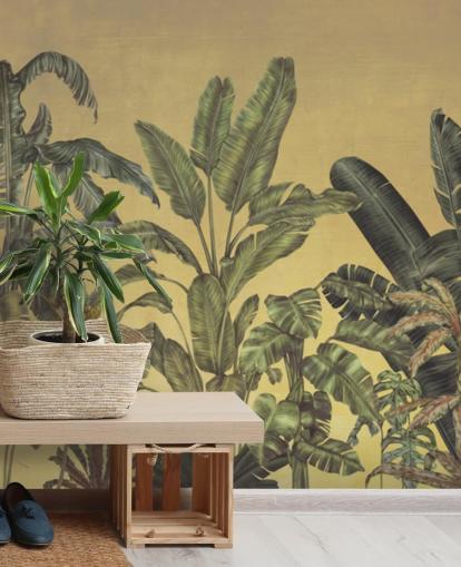 green and gold customisable jungle leaves wall mural called Jungle Canopy Gold by Karina Eibatova