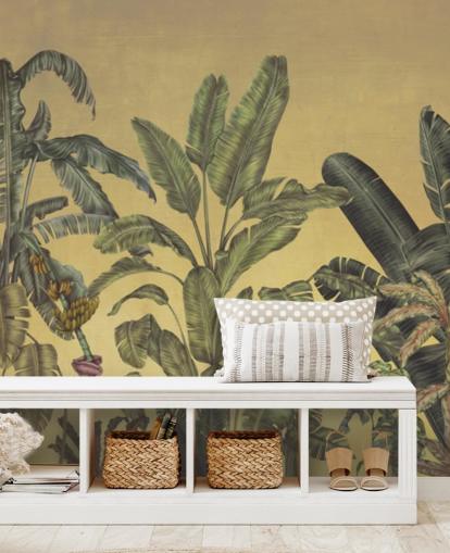 mural de parede de folhas de selva personalizáveis em verde e dourado chamado Jungle Canopy Gold de Karina Eibatova mural de parede de folhas de selva personalizáveis em verde e dourado chamado Jungle Canopy Gold de Karina Eibatova