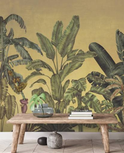 fresque murale personnalisable verte et dorée de feuilles de jungle appelée Jungle Canopy Gold par Karina Eibatova