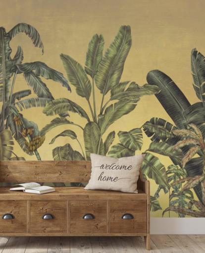 Personalisierbares Wandbild mit Dschungelblättern in Grün und Gold namens Jungle Canopy Gold von Karina Eibatova Personalisierbares Wandbild mit Dschungelblättern in Grün und Gold namens Jungle Canopy Gold von Karina Eibatova