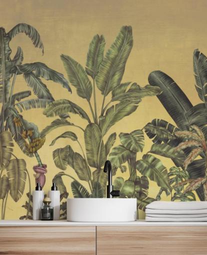 groene en gouden aanpasbare junglebladeren muurschildering genaamd Jungle Canopy Gold van Karina Eibatova