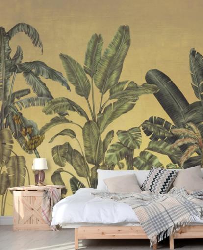 groene en gouden aanpasbare junglebladeren muurschildering genaamd Jungle Canopy Gold van Karina Eibatova groene en gouden aanpasbare junglebladeren muurschildering genaamd Jungle Canopy Gold van Karina Eibatova