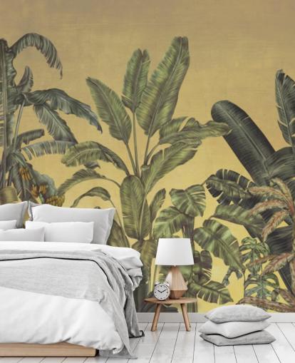 fresque murale personnalisable verte et dorée de feuilles de jungle appelée Jungle Canopy Gold par Karina Eibatova