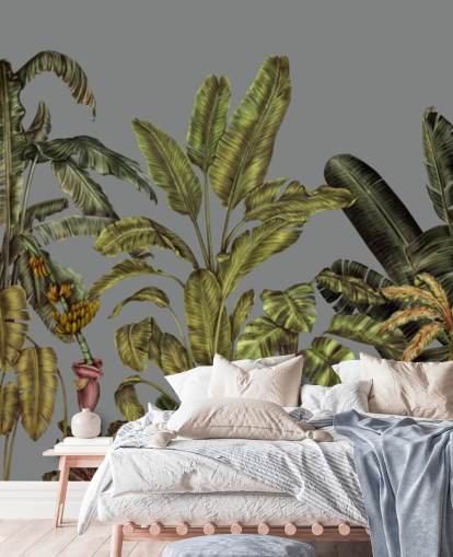 groene op maat gemaakte jungle muurschildering genaamd Jungle Canopy Green van Karina Eibatova voor slaapkamers en woonkamers