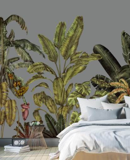 mural de parede verde personalizado chamado Jungle Canopy Green de Karina Eibatova para quartos e salas de estar