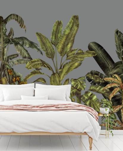 grünes individuelles Dschungel-Wandbild namens Jungle Canopy Green von Karina Eibatova für Schlafzimmer und Wohnzimmer