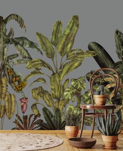 mural de pared verde personalizado de la jungla llamado Jungle Canopy Green de Karina Eibatova para dormitorios y salas de estar