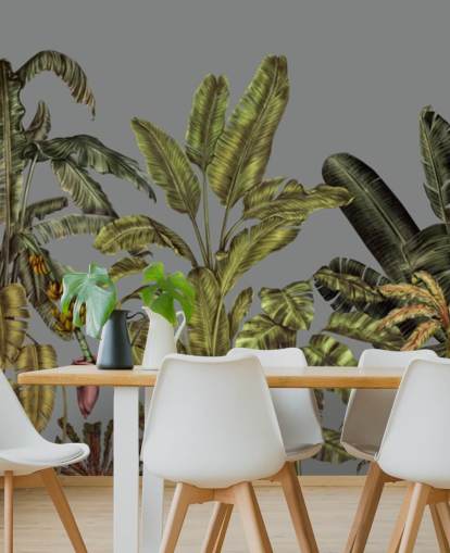 murale verde personalizzato con giungla chiamato Jungle Canopy Green di Karina Eibatova per camere da letto e salotti murale verde personalizzato con giungla chiamato Jungle Canopy Green di Karina Eibatova per camere da letto e salotti