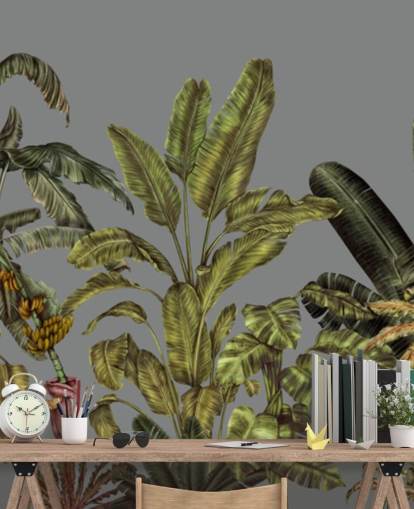 mural de pared verde personalizado de la jungla llamado Jungle Canopy Green de Karina Eibatova para dormitorios y salas de estar